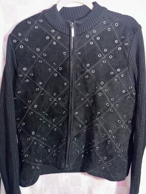 Robert Louis Black Studded Suede Knit Zip Jacket Cropped Size Large